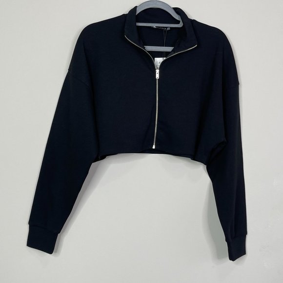 NWT Zara Cropped Zip Sweatshirt Black Size Medium - Picture 1 of 11